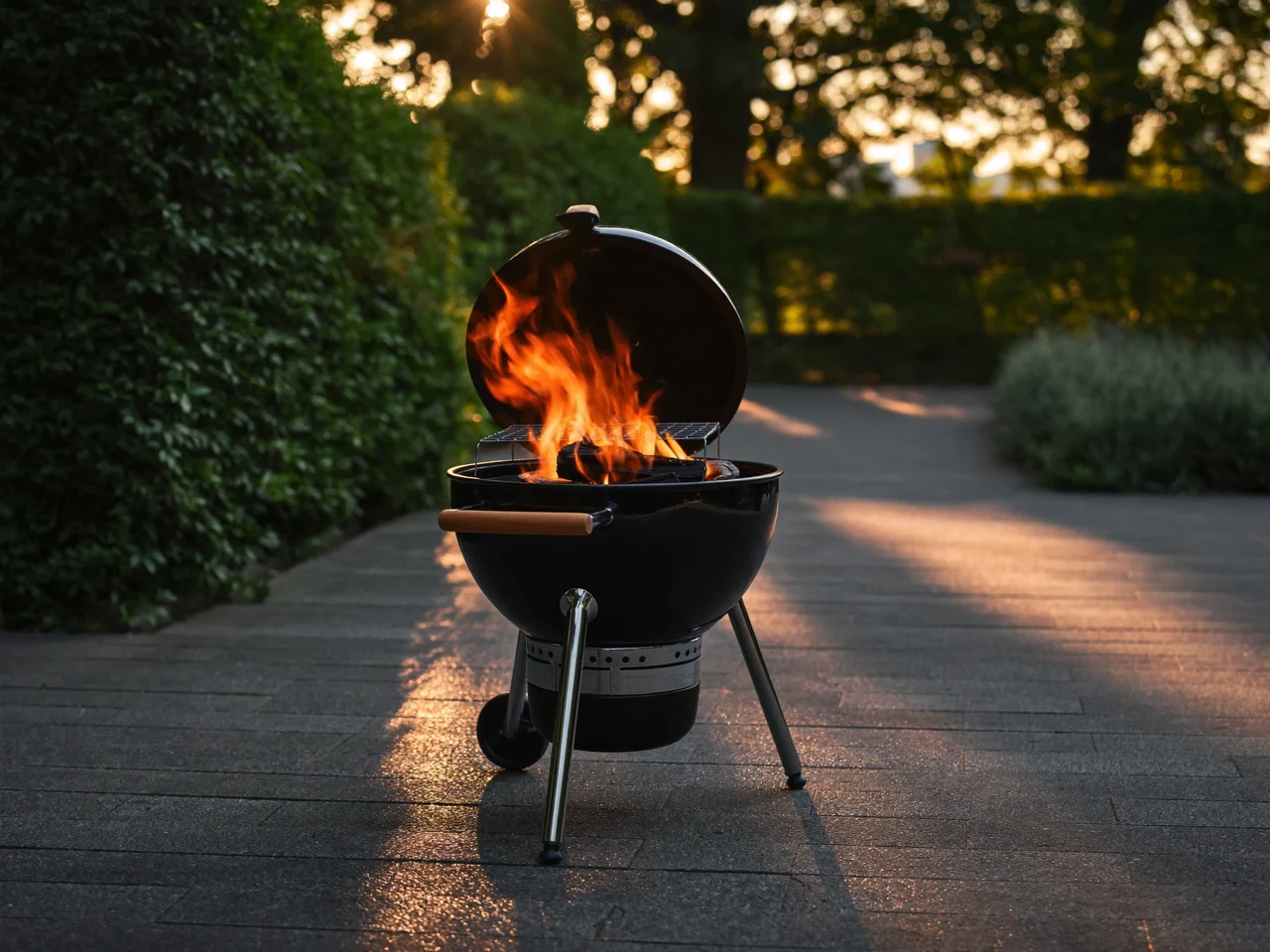 Dämmerung auf einer Terrasse mit glühendem Kugelgrill vor Gartenhecken