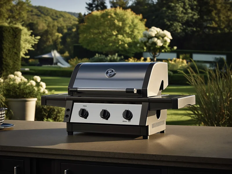 Edelstahl-Gasgrill mit Seitenbrennern und geschlossener Haube auf einer Outdoor-Küche
